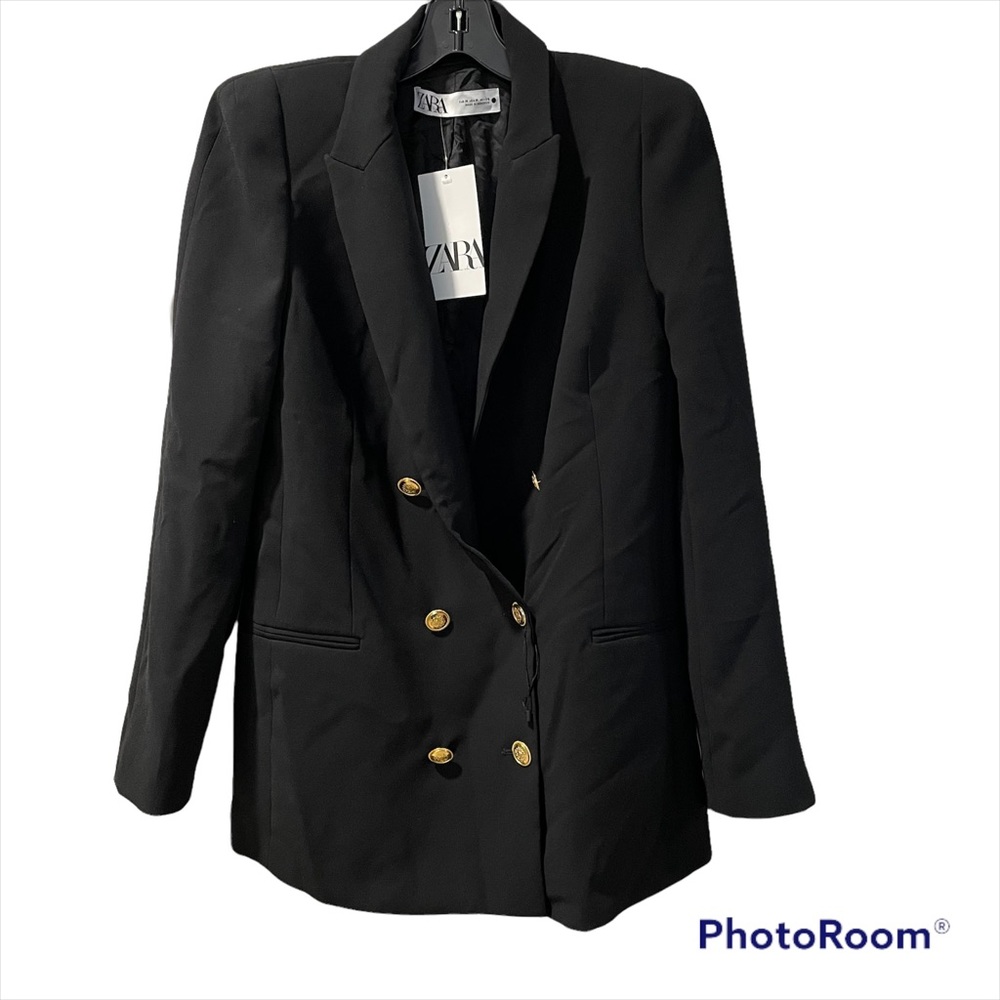 Zara Women’s Black Double Breasted Blazer Gold Buttons Medium New With Tags